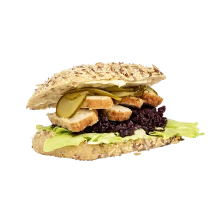 Sandwich m. frikadelle, rødkål og syltede agurker
